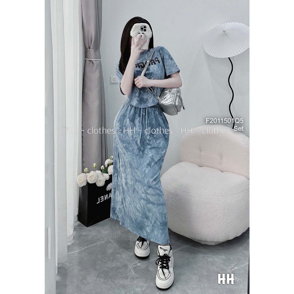 Set bộ thun loang màu áo dáng ngắn phối in chữ tay con kèm chân váy dáng dài!