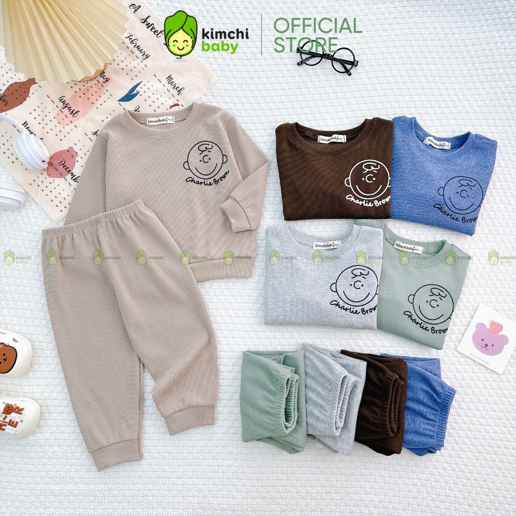 Đồ Bộ Cho Bé Gái, Bé Trai KIMCHIBABY Vải Nỉ Nhung Dặn In Chữ CHARLIE BROWN, Bộ Dài Tay Cho Bé Mặc Thu Đông KCTD325