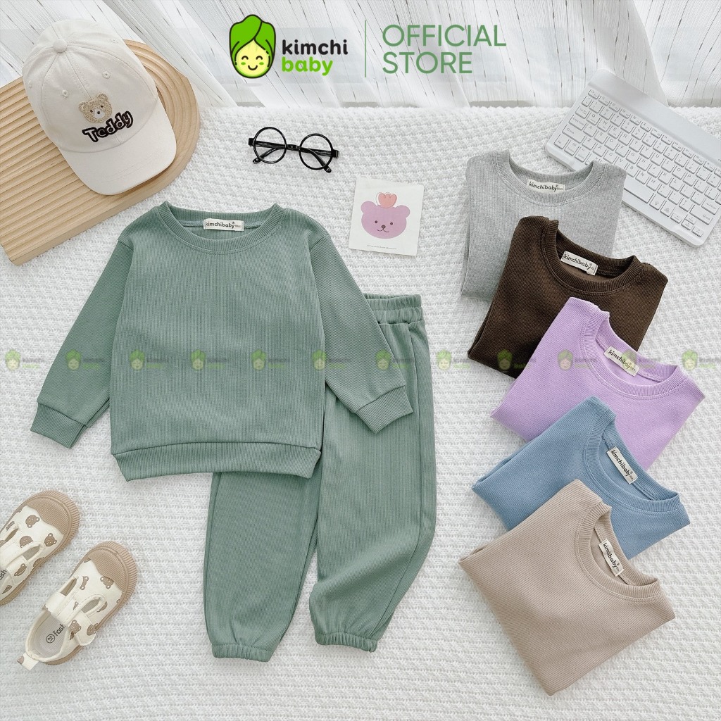 Bộ Dài Tay Cho Bé Trai, Bé Gái KIMCHIBABY Vải Nỉ Nhung Tăm Dày Dặn Mềm Ấm, Đồ Bộ Cho Bé Mặc Nhà Thu Đông KCTD324