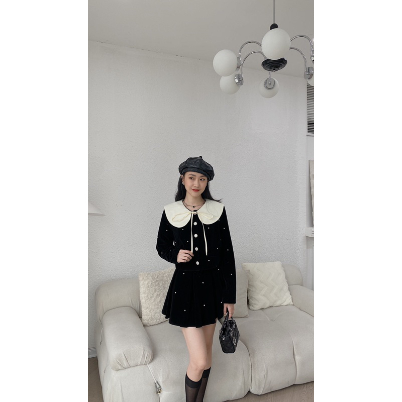 Set nhung đính đá chân váy xoè 353