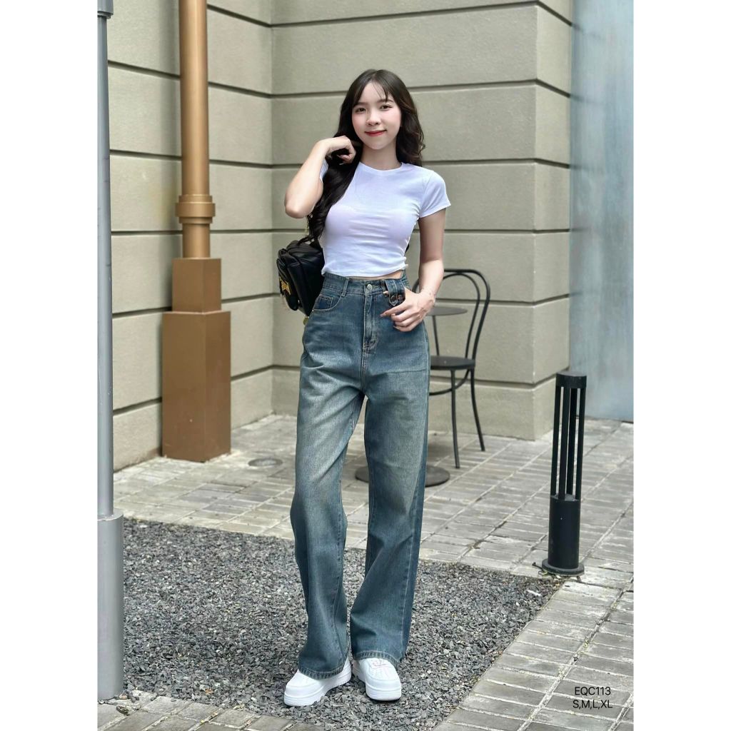 Quần jean baggy suông nút đai phong cách năng động CHIBEST EQC113