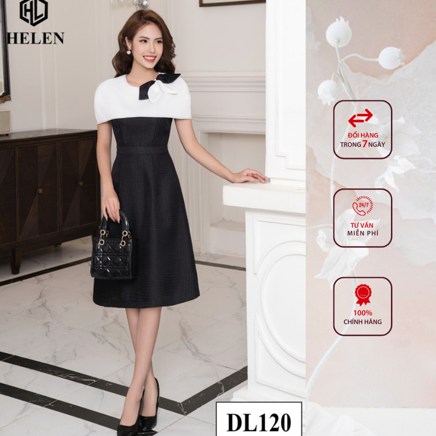 Đầm công sở HELEN thiết kế dáng xòe A màu đen phối trắng vai chờm DL120