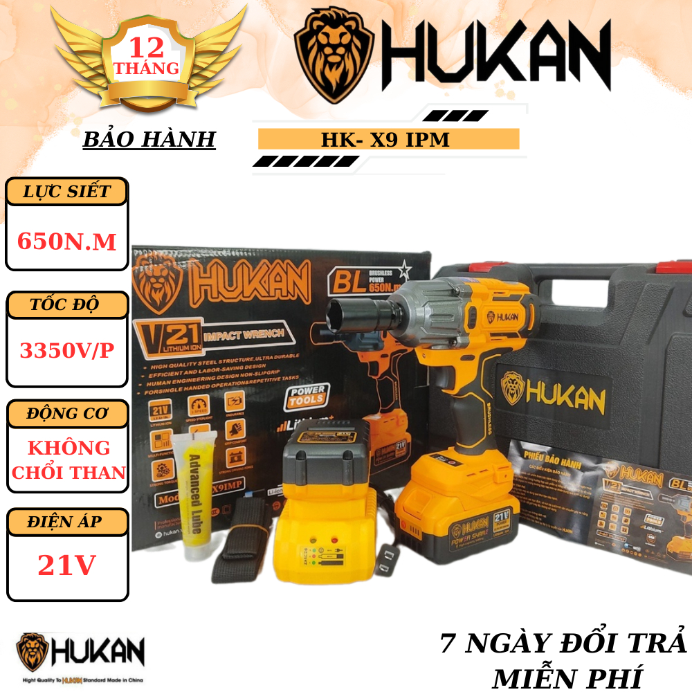 Máy Siết Bulong Hukan HK-X9IPM Lực Siết Khủng 650N.M Siêu Mạnh,  Không Chổi Than Bảo Hành 12 Tháng