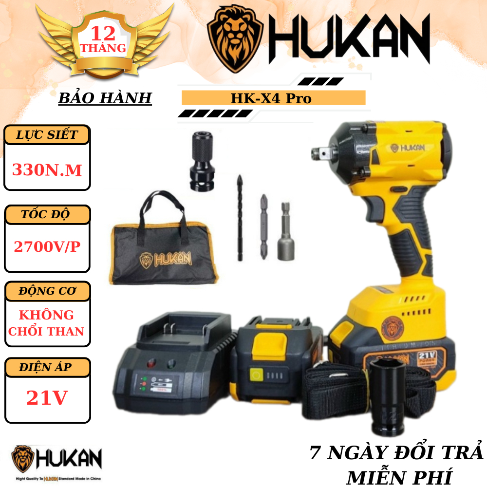 Máy bắn bulong pin HUKAN HK-X4 Pro đầu 2 trong 1, lực siết 330N.m bảo hành chính hãng