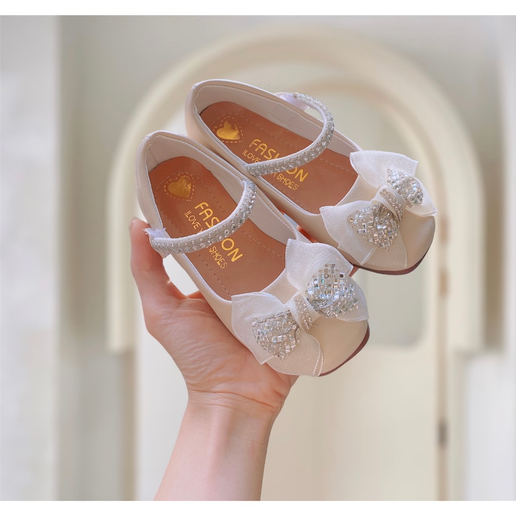 Sz 21-35 Giầy Búp Bê Bít Gót Quai Ngọc Phối Nơ Đá Lấp Lánh Cho Bé Gái Từ 2-10 Tuổi K070BB