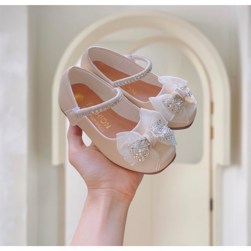 Sz 21-35 Giầy Búp Bê Bít Gót Quai Ngọc Phối Nơ Đá Lấp Lánh Cho Bé Gái Từ 2-10 Tuổi K070BB