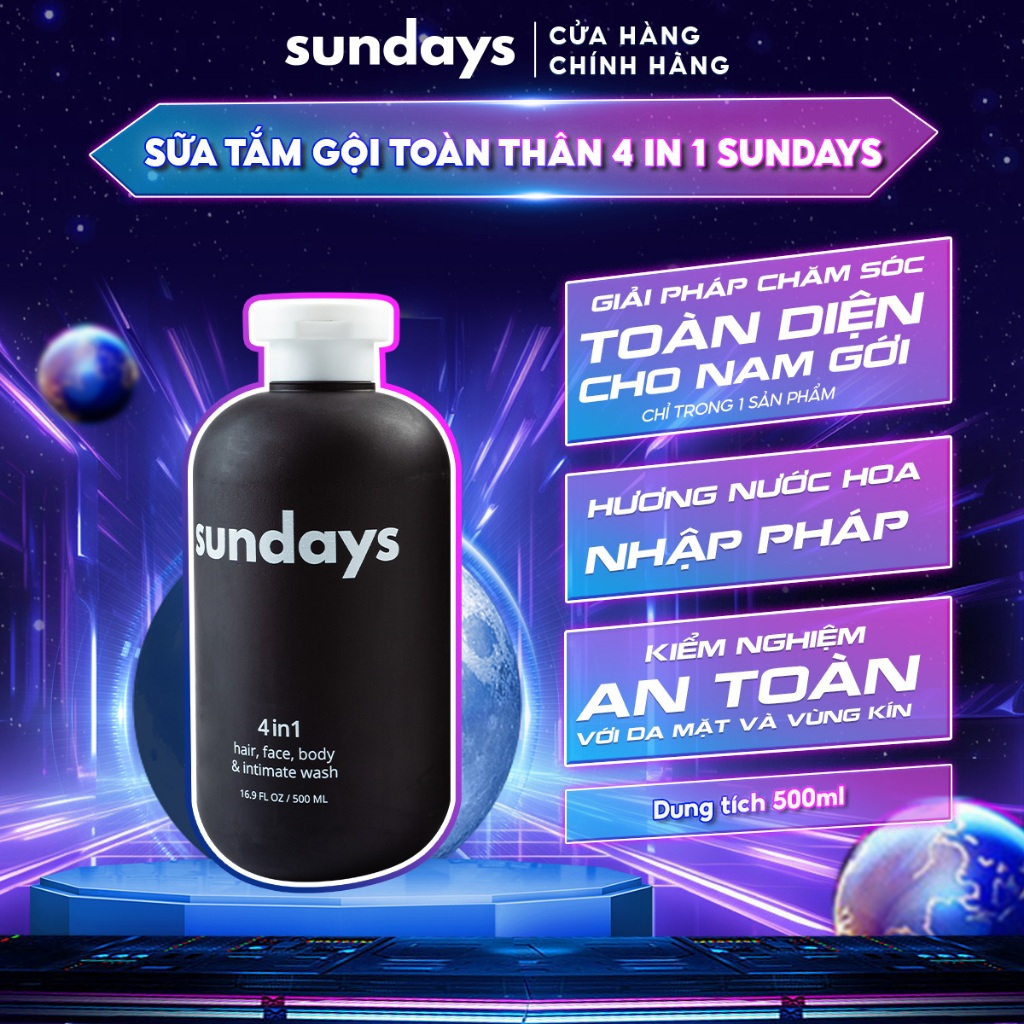 Sữa Tắm Gội Toàn Thân 4in1 cho Nam Sundays, tiện lợi, hương nước hoa quyến rũ 500ml