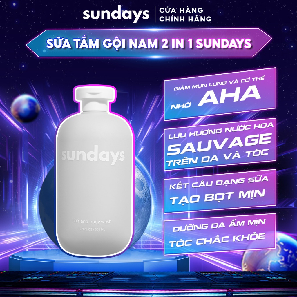 Sữa Tắm Gội 2in1 & 4in1 cho Nam Sundays giảm mụn lưng, dưỡng ẩm hương nước hoa Sauvage 500ml