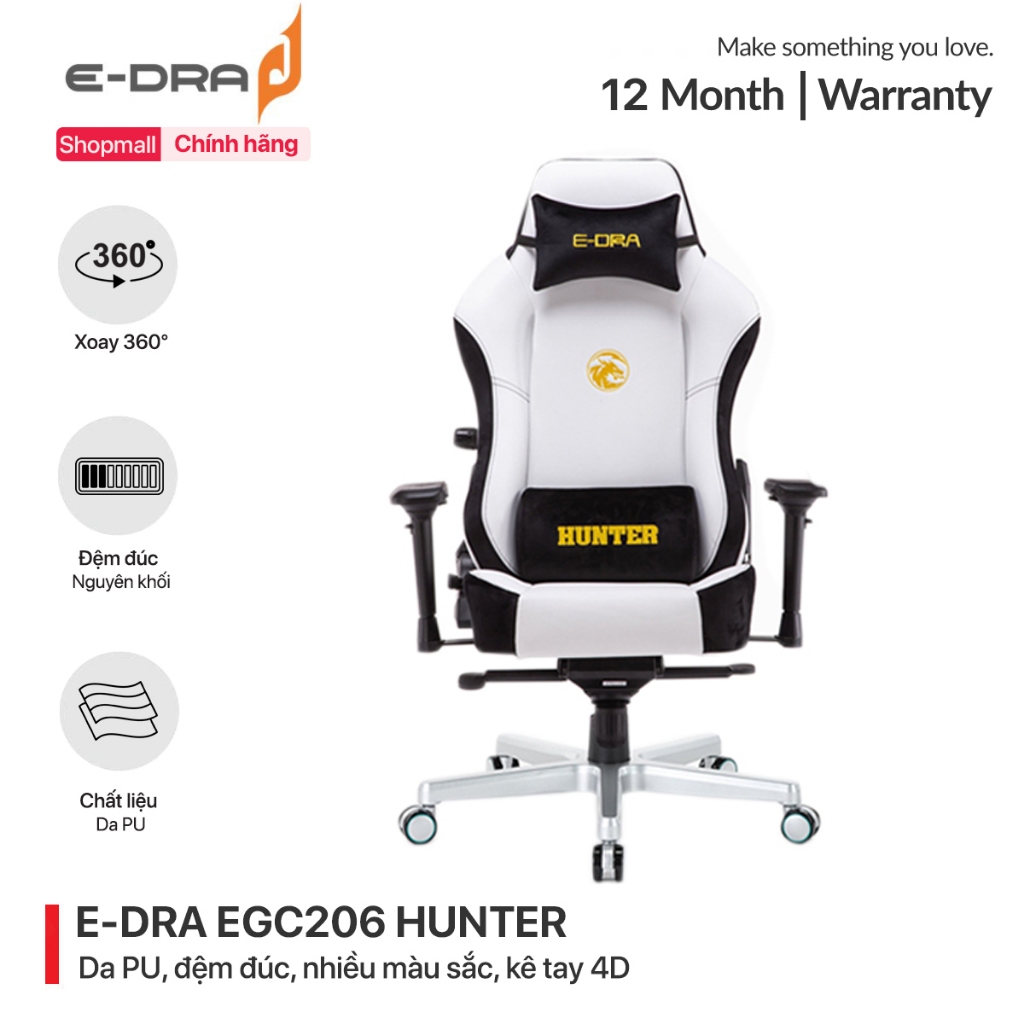 Ghế gaming, ghế chơi game xoay 360 độ E-Dra Hunter EGC206 - Da PU  - Điều chỉnh lưng dày mỏng - Hàng chính hãng
