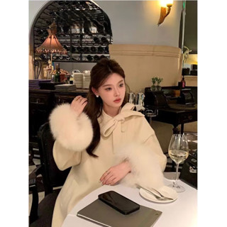 Áo khoác thu đông mangto ngắn tay may lông có thể tháo rời thắt nơ phong cách Hàn Quốc