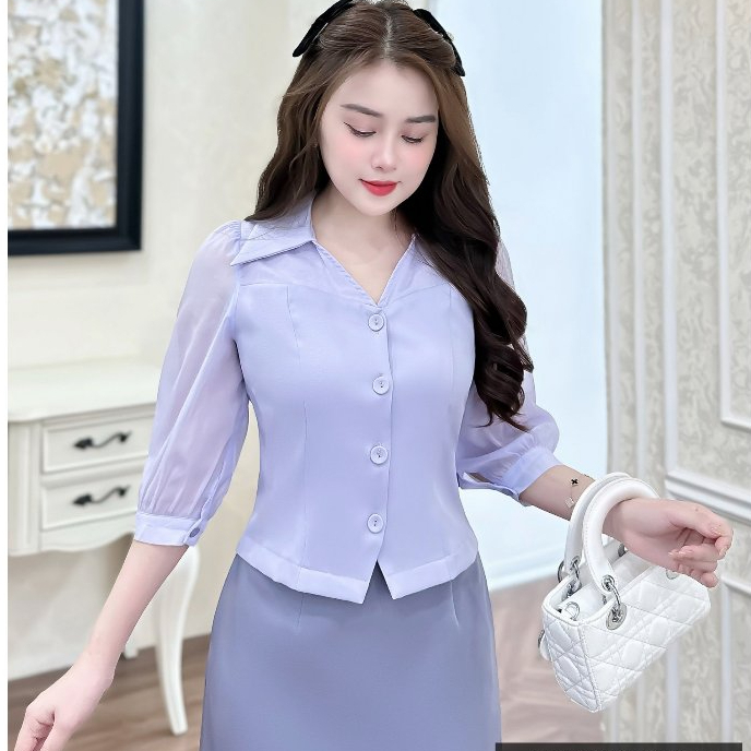 Áo Sơ Mi Là Cổ V Phối Tơ UKSM2309012 NK Fashion Công Sở Nữ Đẹp, Thanh Lịch, Cuốn Hút, Thiết kế Cao Cấp, Vải Thoáng Mát