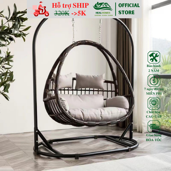 Xích Đu Phượng Hoàng Healhomes Bo Cạp Đôi Đen Khung Sắt Sơn Tĩnh Điện Cuốn Mây Nhựa Cao Cấp BẢO HÀNH 24 THÁNG