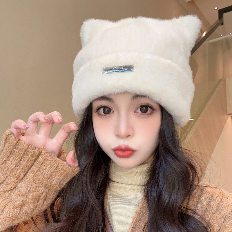 Mũ Len Dệt Kim Dày Dặn Đính Tai Mèo Dễ Thương Phong Cách Hàn Quốc Thời trang mùa đông Nón Bucket Nữ