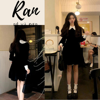 Váy nhung dài tay phối cổ sen bèo trắng basic freesize dưới 58 mặc đều đẹp tôn dáng RANSTORE