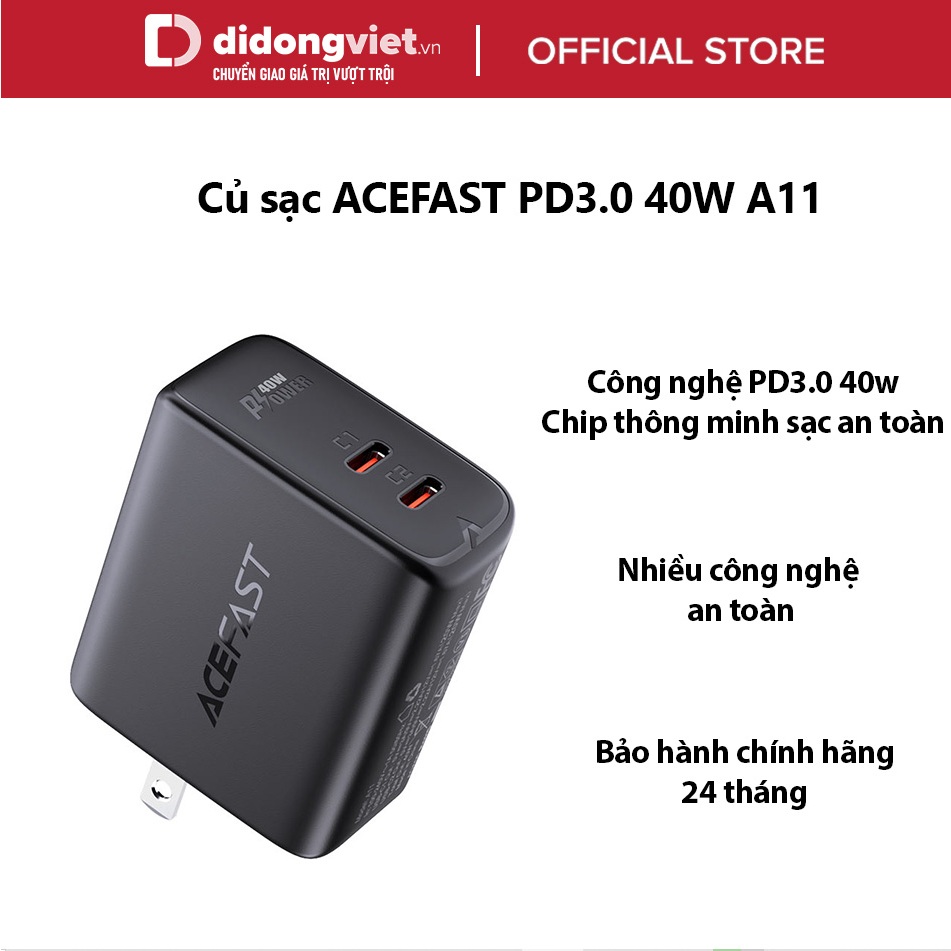 Củ sạc ACEFAST PD3.0 40W 2 cổng USB-C A11 Chính hãng - Công nghệ PD3.0 40w, Chip thông minh sạc an toàn, BH 2 năm