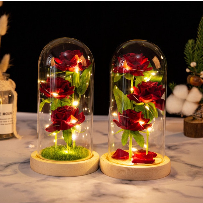 Hoa hồng vĩnh cửu có đèn led kèm sẵn pin đựng trong bình thủy tinh sang trọng trưng bày hoặc quà tặng