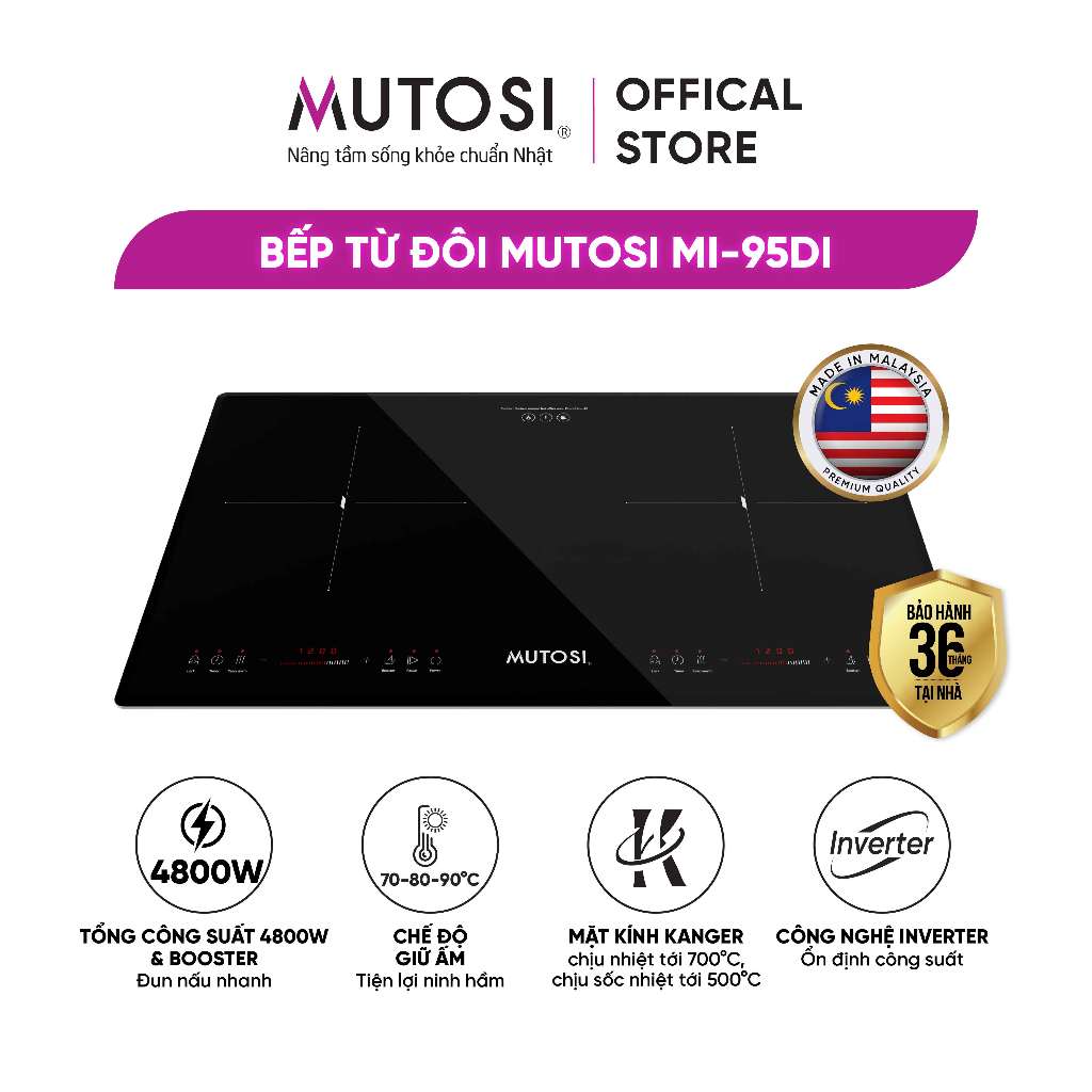 Bếp từ đôi Mutosi MI-95D nhập khẩu Malaysia 4800W, mặt kính siêu bền BH 24 tháng