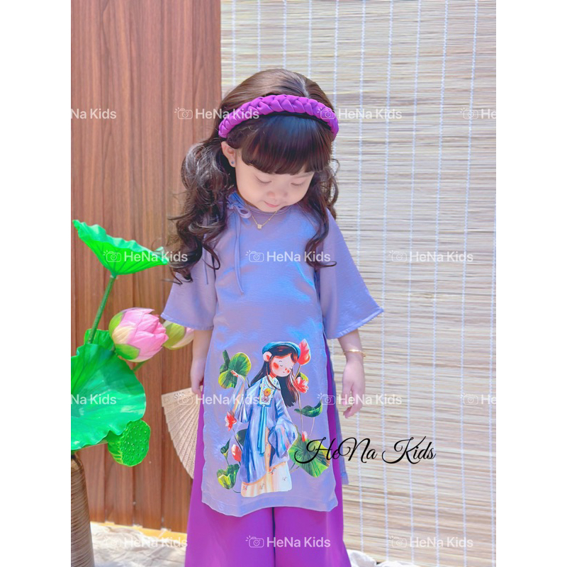 Bộ Áo Dài Cho Bé Gái Lụa In Hình Gồm Quần Và Áo
