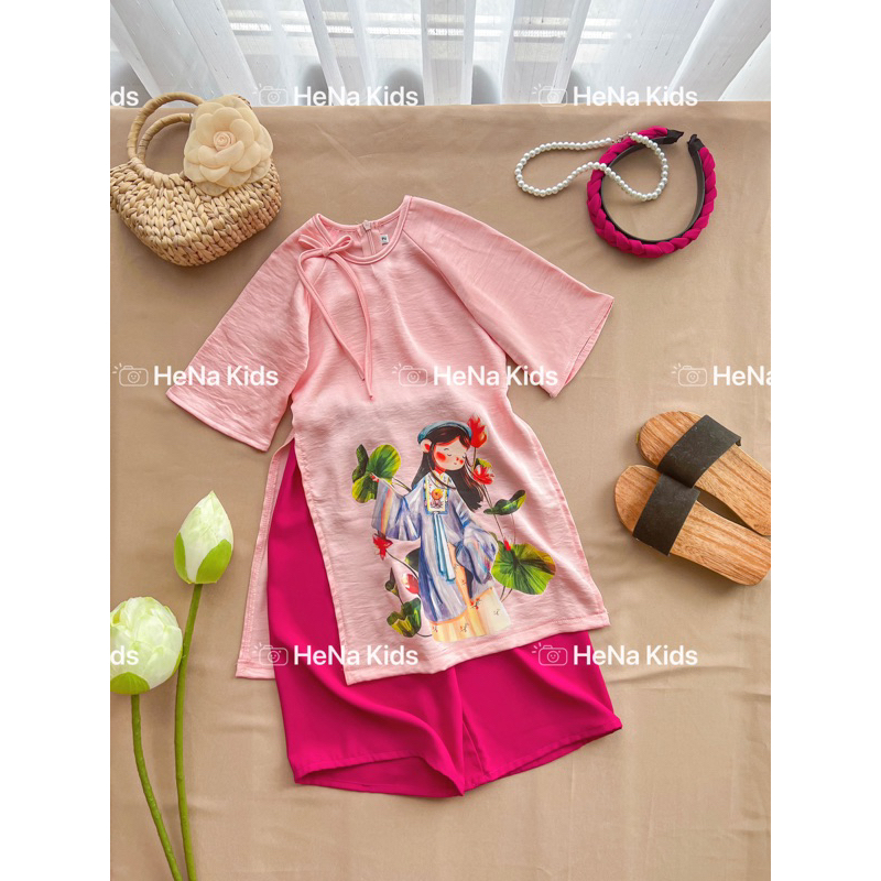 Bộ Áo Dài Cho Bé Gái Lụa In Hình Gồm Quần Và Áo