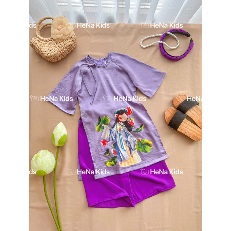 Bộ Áo Dài Cho Bé Gái Lụa In Hình Gồm Quần Và Áo