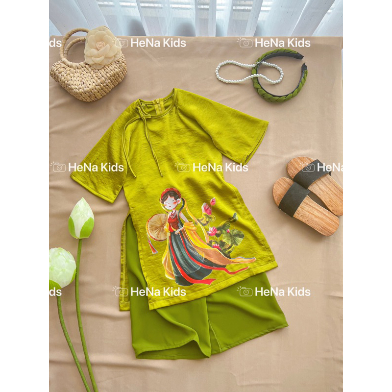 Bộ Áo Dài Cho Bé Gái Lụa In Hình Gồm Quần Và Áo