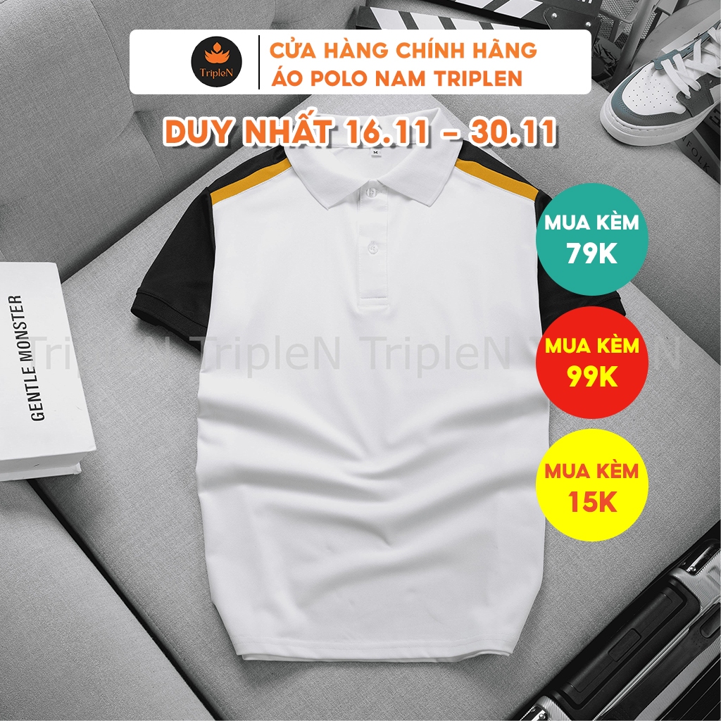 Áo thun polo nam TripleN tay ngắn phối màu trắng đen kiểu dáng trẻ trung, chất liệu vải cá sấu co dãn 4 chiều