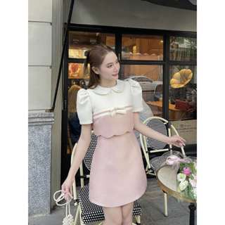 Váy đầm thiết kế phong cách tiểu thư phối trắng hồng chất tafta cao cấp đứng form Vayemcloset