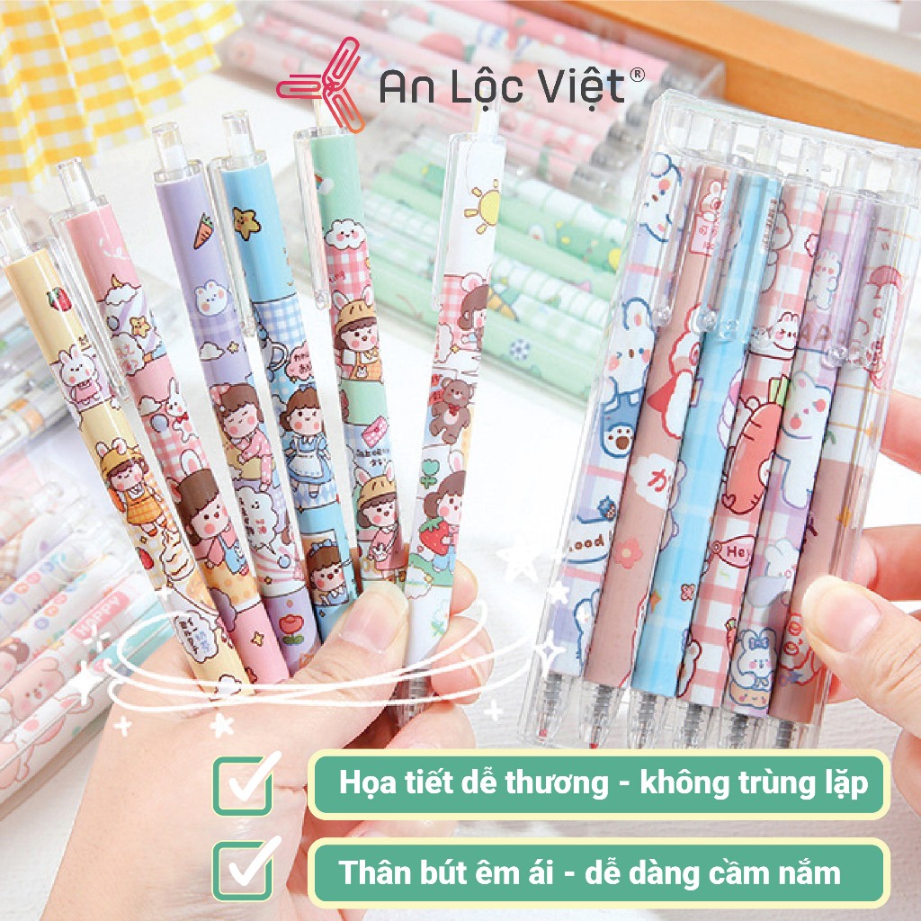 Bút gel 0.5mm đen Hộp 6 cây họa tiết dễ thương- thân bút dễ cầm nắm, Combo ruột bút gel bấm 0,5mm