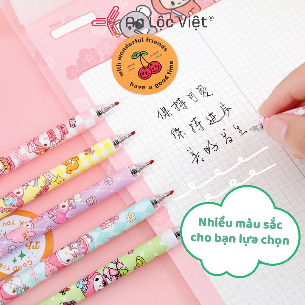 Bút gel 0.5mm đen Hộp 6 cây họa tiết dễ thương- thân bút dễ cầm nắm, Combo ruột bút gel bấm 0,5mm