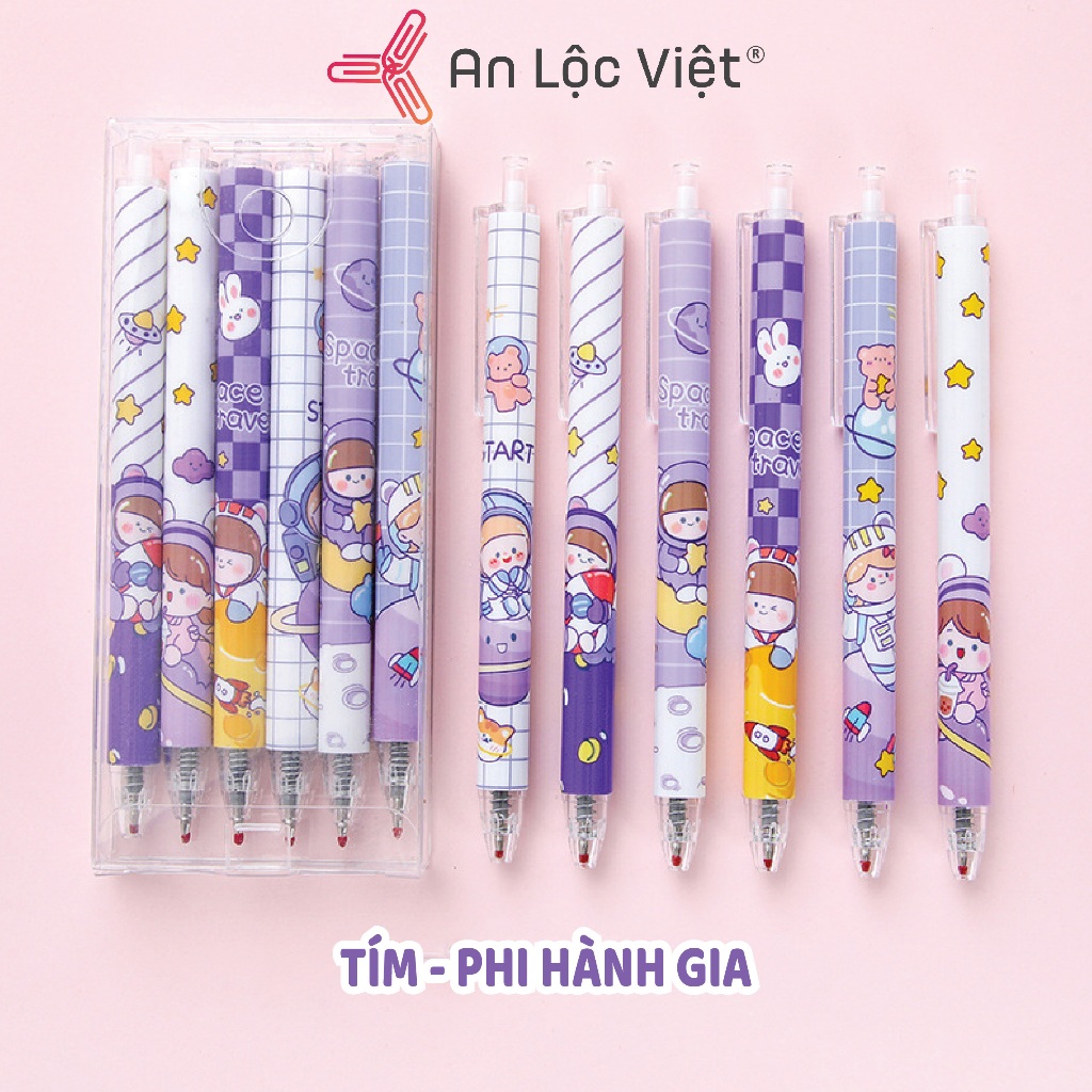 Bút gel 0.5mm đen Hộp 6 cây họa tiết dễ thương- thân bút dễ cầm nắm, Combo ruột bút gel bấm 0,5mm
