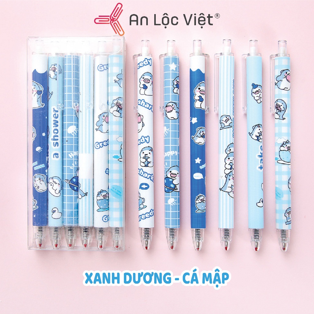 Bút gel 0.5mm đen Hộp 6 cây họa tiết dễ thương- thân bút dễ cầm nắm, Combo ruột bút gel bấm 0,5mm