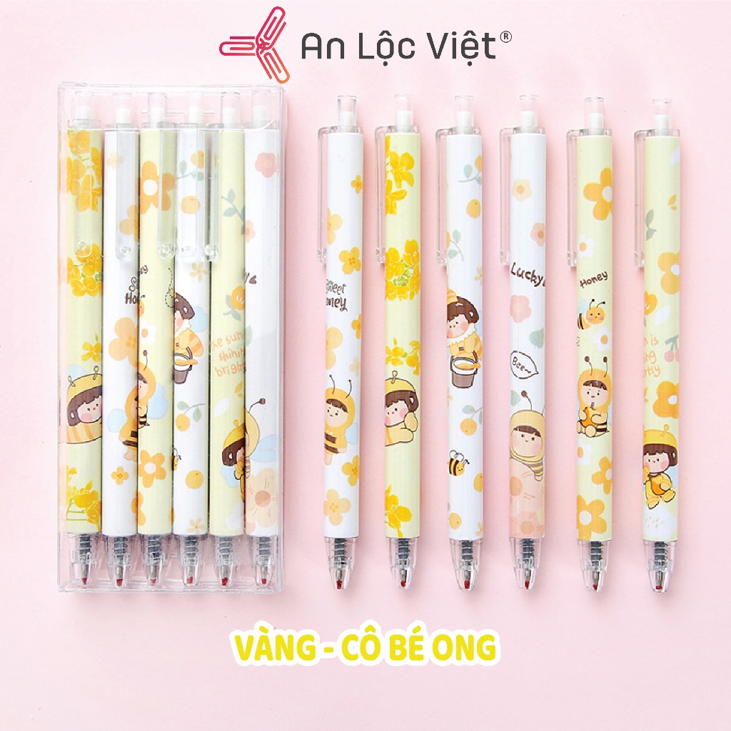 Bút gel 0.5mm đen Hộp 6 cây họa tiết dễ thương- thân bút dễ cầm nắm, Combo ruột bút gel bấm 0,5mm