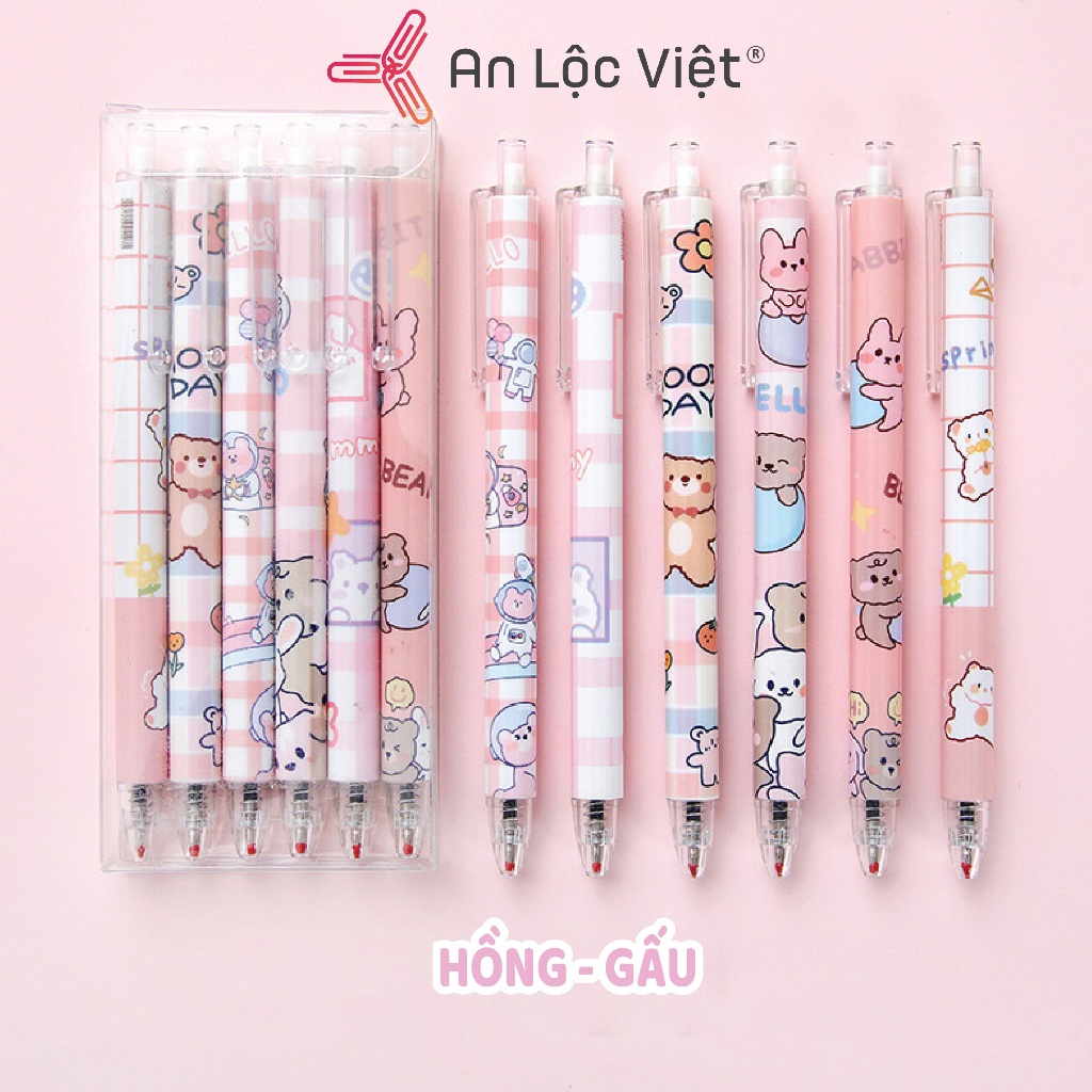 Bút gel 0.5mm đen Hộp 6 cây họa tiết dễ thương- thân bút dễ cầm nắm, Combo ruột bút gel bấm 0,5mm