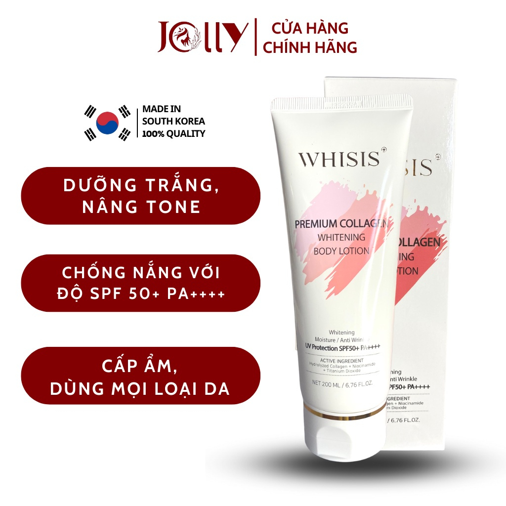 Kem Body Trắng Da Chống Nắng Nâng Tone Trắng Hồng Rạng Rỡ WHISIS Premium Collagen Whitening Body Lotion 200ml