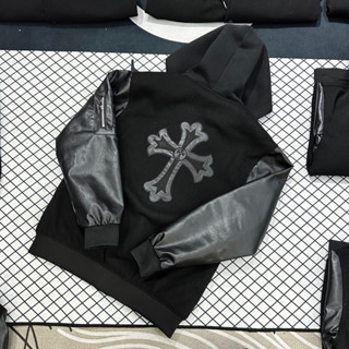 Áo khoác mũ nam nữ Chrome Hearts vải dạ thêu hình chữ thập da hai mặt phối tay da mũ nỉ 2 lớp AK119P