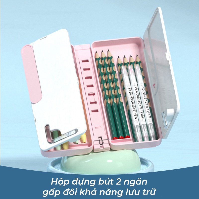 Hộp Bút Đa Năng 3in1 Kiêm Giá Đỡ Sách, Bảng Viết Cho Bé - Hộp Đựng Đồ Dùng Học Tập Tặng Kèm Khăn Lau, 2 Bút Dạ, Sticker