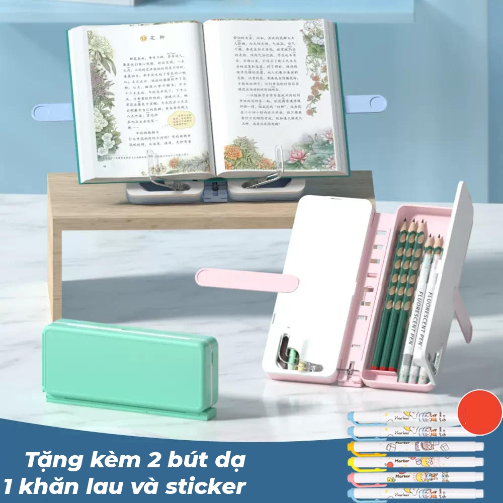 Hộp Bút Đa Năng 3in1 Kiêm Giá Đỡ Sách, Bảng Viết Cho Bé - Hộp Đựng Đồ Dùng Học Tập Tặng Kèm Khăn Lau, 2 Bút Dạ, Sticker