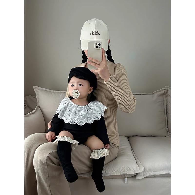 (kèm ảnh feedback) SẴN bodysuit áo liền thân dài tay cổ viền ren bé gái phong cách