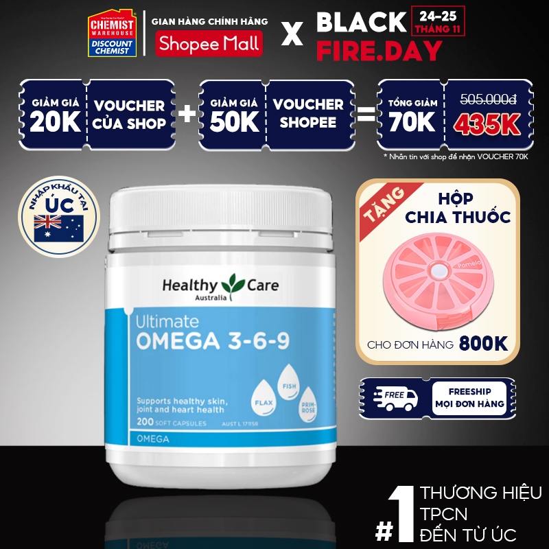 Viên uống omega 3-6-9 Ultimate Healthy Care tăng cường thị lực, hỗ trợ tim mạch, huyết áp và trí não của Úc 200 viên