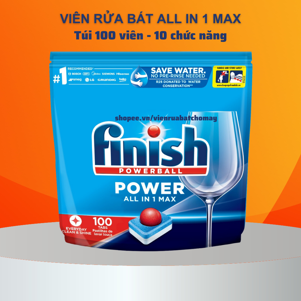Viên Rửa Chén Bát Finish Powerball All In 1 Max Lemon Sparkle 100 viên Hương Chanh - NHẬP KHẨU CHÍNH HÃNG