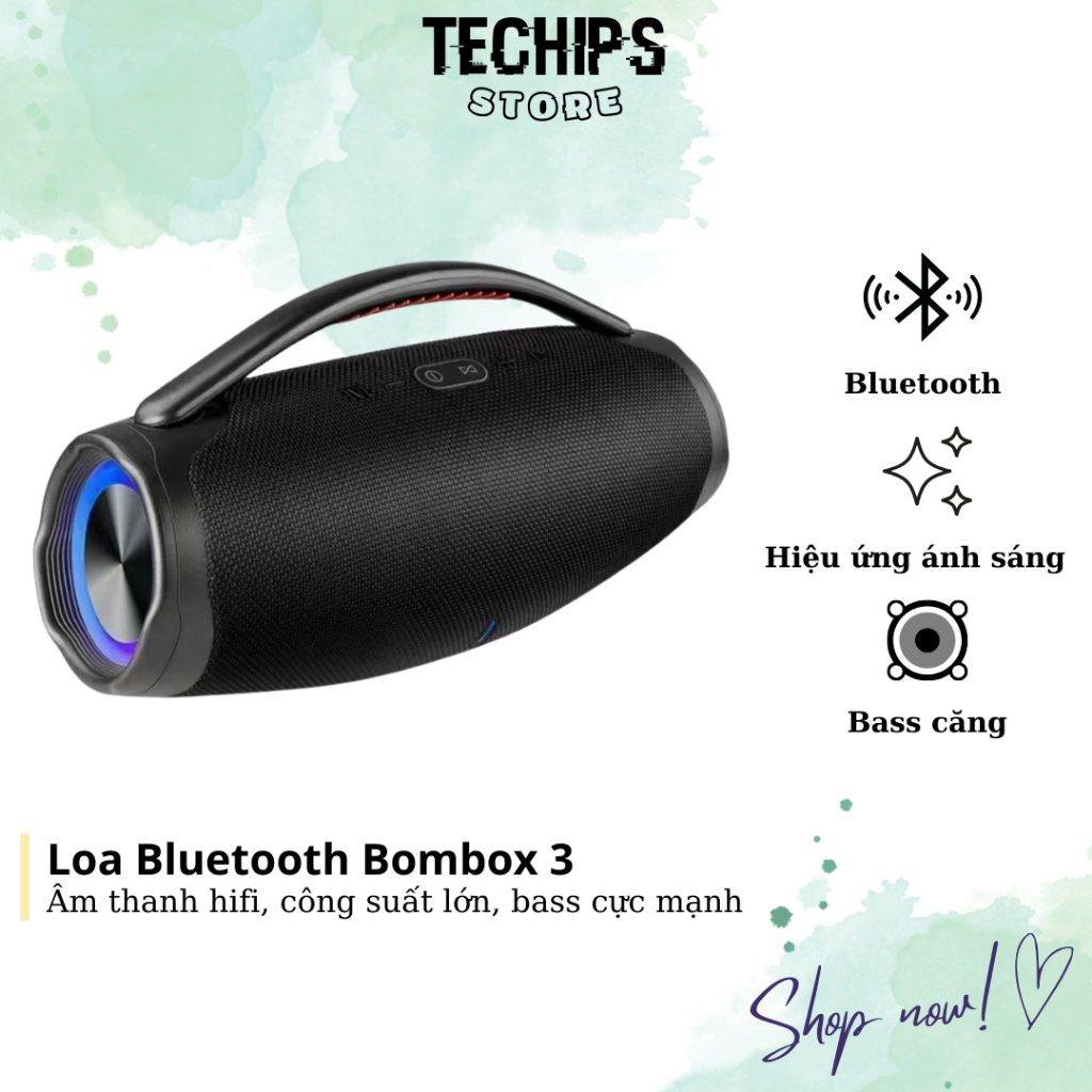 Loa Bluetooth Bombox3 Thế Hệ Mới, Độ Đèn Led, Bass Mạnh Âm Thanh Lớn Cực Đỉnh, Thiết Kế Cực Đẹp, Pin Trâu TECHHIGH