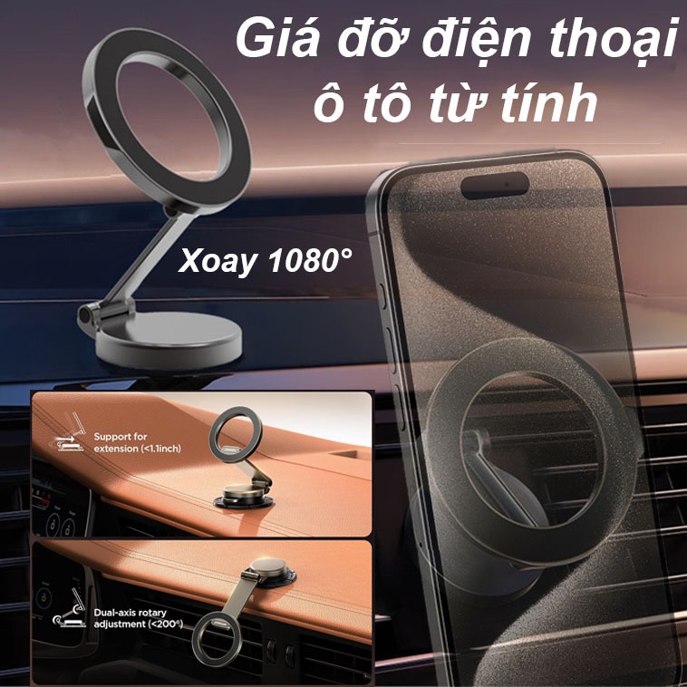 (Mới) Giá đỡ điện thoại trên ô tô 360° quay Giá đỡ điện thoại từ tính gấp Chất liệu hợp kim titan giá đỡ điện thoại