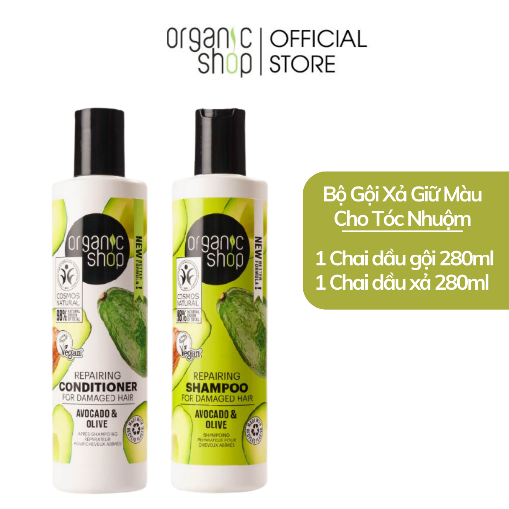 Combo PHỤC HỒI TÓC HƯ TỔN ORGANIC SHOP Dầu Gội Xả Bơ Hữu Cơ và Dầu Olive 280mlx2 Và Tẩy tế bào chết Da đầu 75ml