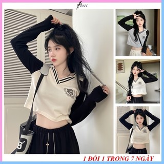 Áo croptop tay dài nữ cổ polo in hình vải bozip co dãn, áo thun tay dài dáng ngắn Vuvy CRT39