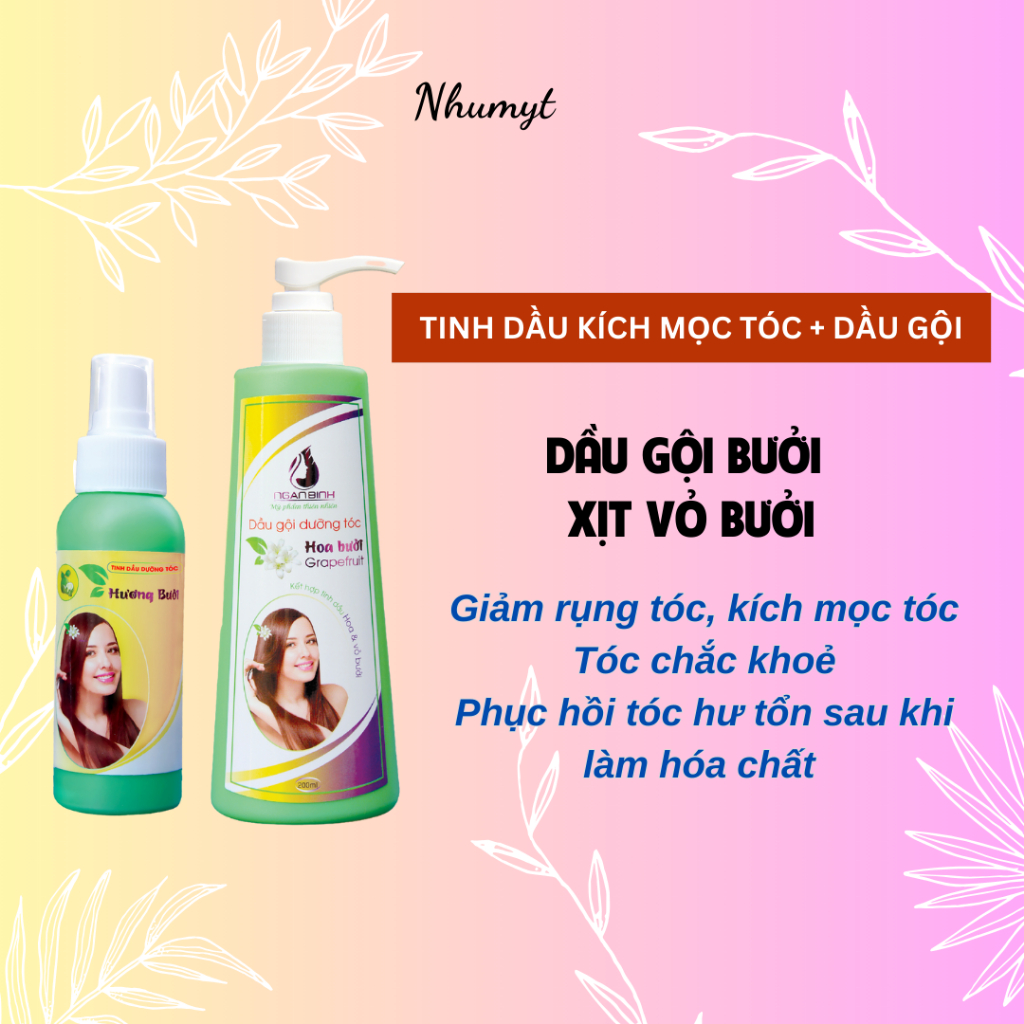 Combo Dầu gội Xịt tóc tinh dầu bưởi kích mọc tóc Ngân Bình dưỡng tóc làm sạch gàu, giảm tóc rụng cho mái tóc mềm mượt