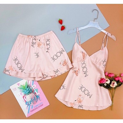Đồ Bộ Mặc Nhà Hai Dây Quần Đùi Lụa Satin In Họa Tiết  Hisexy  Có mút ngực MS71