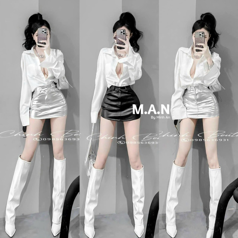 Set áo sơ mi lụa chân váy da