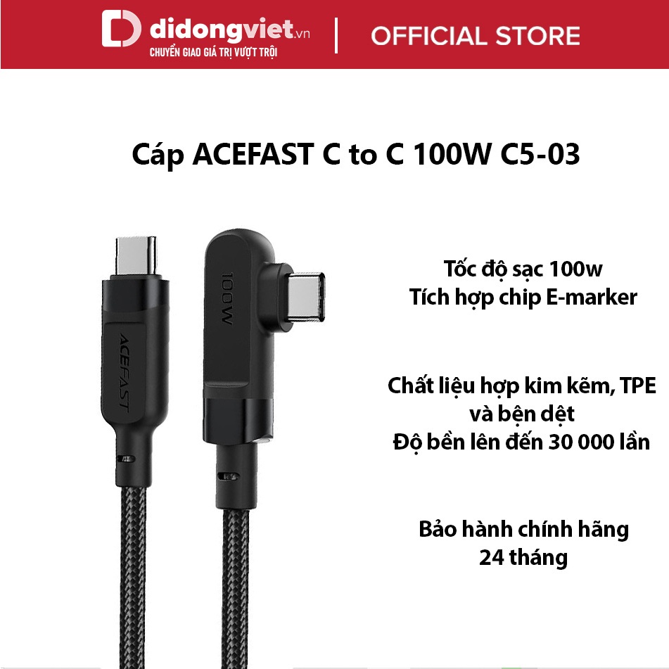Cáp ACEFAST Type C to Type C 100W  C5-03 Chính hãng - Chất liệu dù bền bỉ, Tích hợp chip E-marker, BH 2 năm