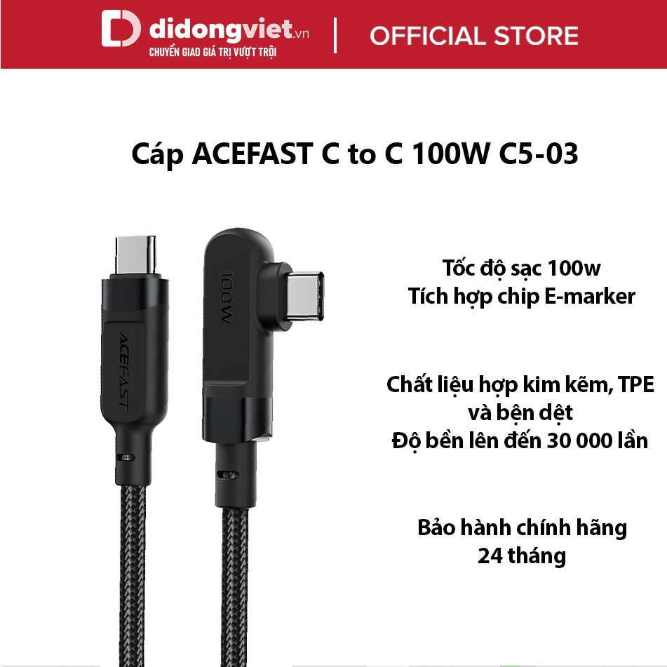 Cáp ACEFAST Type C to Type C 100W (2m) C5-03 Chính hãng - Chất liệu dù bền bỉ, Tích hợp chip E-marker, BH 2 năm