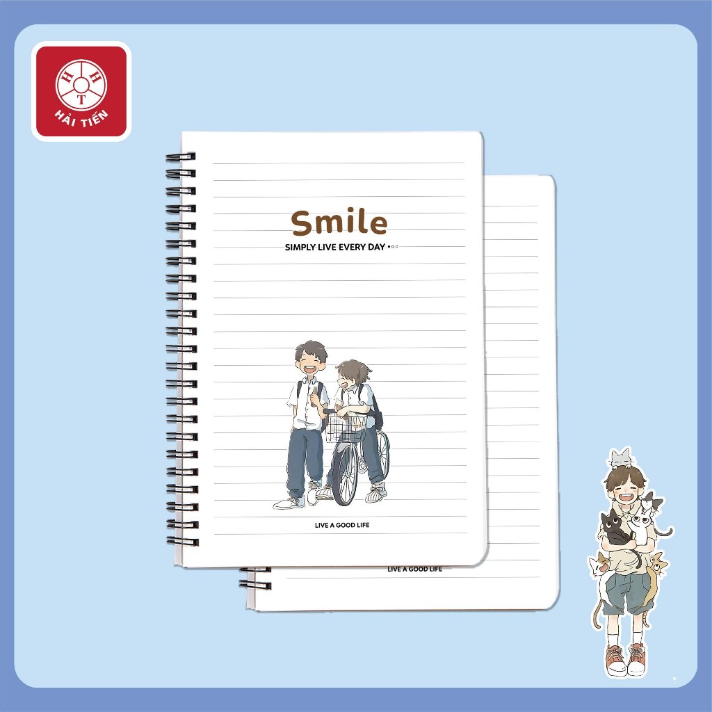 HẢI TIẾN Sổ lò xo bìa bồi Cao cấp - Smile - ĐL 80g/m2 - Dòng kẻ ngang - Nhiều kích cỡ (B5,A5,A6,A7) - 200 trang